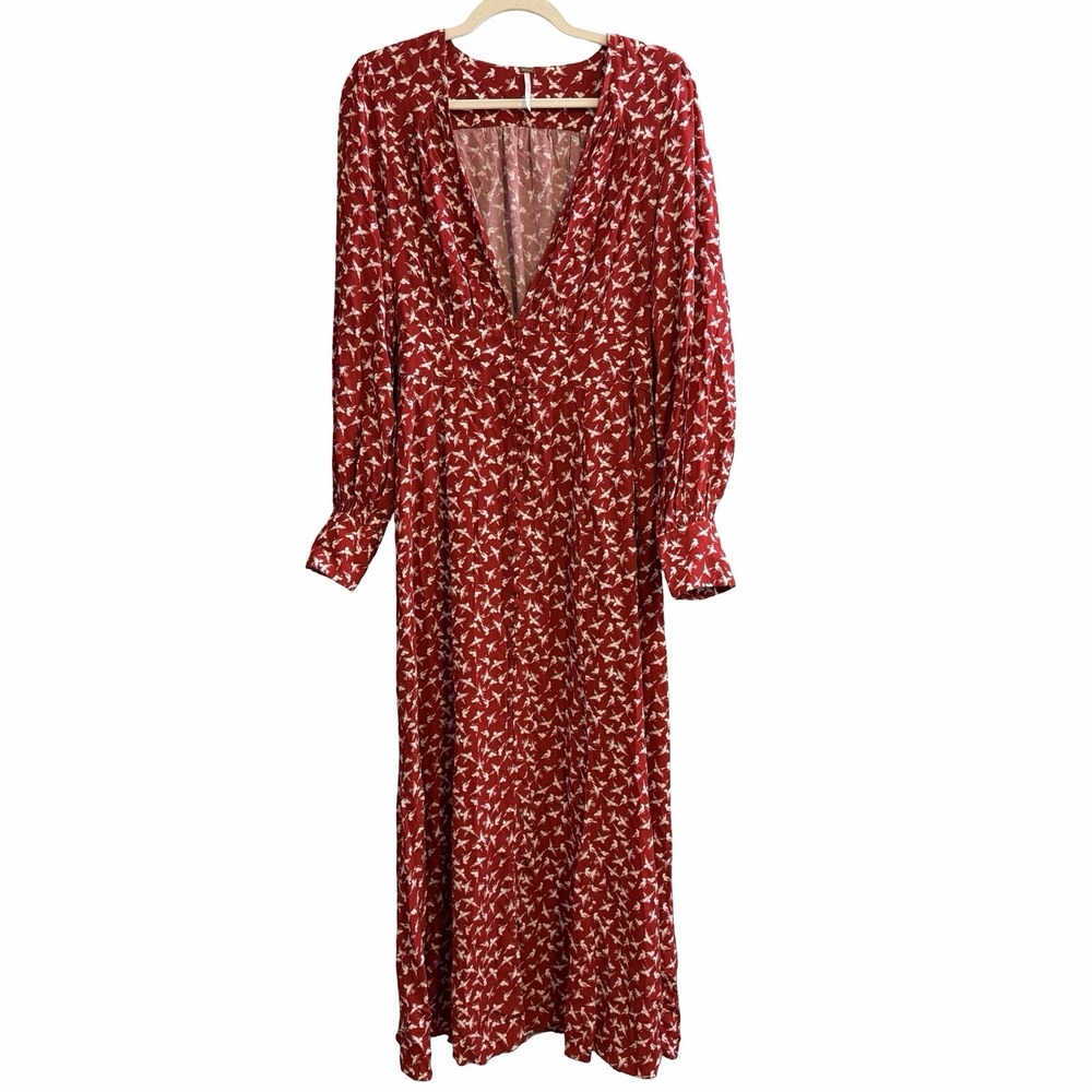 Free‎ People Walk Me Home Long Sleeve Button Front Maxi Duster Red W White Birds